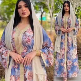 Ethnic Clothing Middle East Muslim Fashion Print Flower Arabian Robe Abaya Long Sleeve Dress V Neck Splicing Women Skirt Dubai Clothes