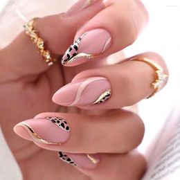 False Nails False Nails 24Pcs Drop-shaped Golden Ribbon Color-block French Stiletto Fake Full Cover Nail Tips DIY Press On Almond