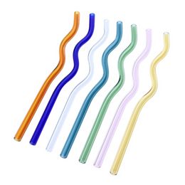 8x200mm 10 Colours Reusable Eco Borosilicate Glass Drinking Straws High temperature resistance Clear Coloured Bent Wavy Milk Cocktail Straw FY5320 ss1222