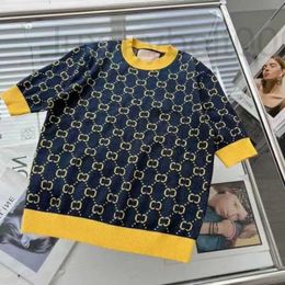 Women's T-Shirt designer Old Flower Blue Letter Jacquard Gold Thread Tencel Yarn Elegant College Design Knitted Wear H34S