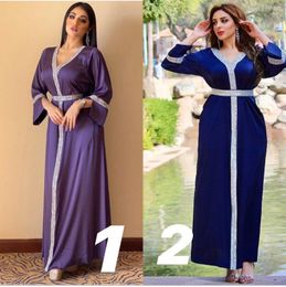 Ethnic Clothing HGTE Satin Maxi Dress For Women Turkey Arabic Diamond V Neck Long Sleeve Jalabiya Muslim Islamic Abaya 2022 Fall