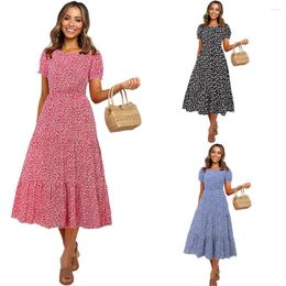 Casual Dresses Women Fashion Lantern Sleeve Ladylike Style Al Printing Dress Summer A-line Pleated Mid-waist Long