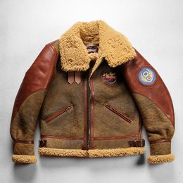 Brown B3 genuine English sheep skin leather jackets retro double face fur suits pockets vintage flight jacket Lapel neck thicked ykk zipper