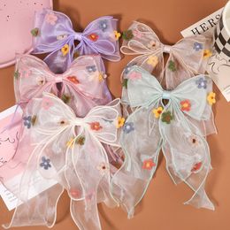 Chiffon Embroidery Big Bows Hairpins For Kids Girls Sweet Flower Spring Clip Hair Decorate Headwear Fashion Hair Accessories