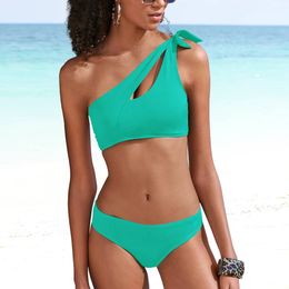 Women two piece sexy bikini One shoulder strap swimwear fashion qj1427 pure Colour beach Sports bathing suit summer swimsuit