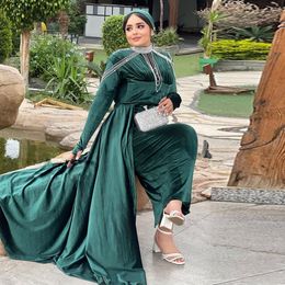 Green Veet Muslim Dresses Beading Collar Sheath Kafan Formal Gown With Detachable Train Ankle Length Arabic Dubai Evening Gowns 326 326