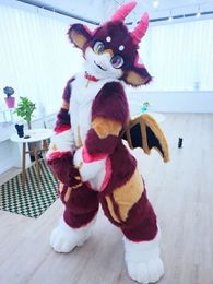 2022 Fursuit peludo Kawaii Horn Dragon Mascot Costume Teen Suit de Halloween Carnival Dress-Up Cat Dog Fox Mascot Roup