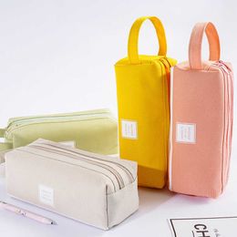 High Capacity Double Layer Pencil Bag Pen Case Special Solid Color Canvas Storage Pouch Stationery School Travel Gift Creativity