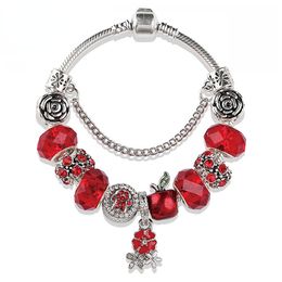 Charm Bracelets Red Crystal Beaded Flowers Inlaid with Diamonds Rose Antique Silver Hand String