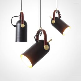 Pendant Lamps Vintage PU Leather Led Modern Black Metal Belt Lights Home Decor Kitchen Indoor Lighting Hanglamp