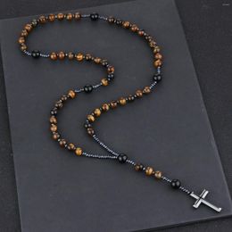 Pendant Necklaces Natural Tiger Eye Stone Black Agate Beads Chain Catholic Christ Rosary Necklace Hematite Cross Pray Mala Chaplet Jewellery