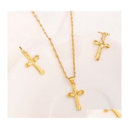 Earrings Necklace 18 K Yellow Fine Gold Filled Cross Pendantchain Set Small Mini Tax Stamp Christian Jewellery Sets Women Girl Jesus Dh7Td