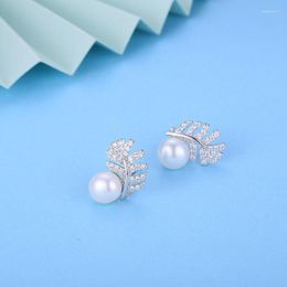 Stud Earrings Women's 925 Sterling Silver Feather Inlaid Zircon Freshwater Pearl Fashion Jewelry Couple Holiday Gift