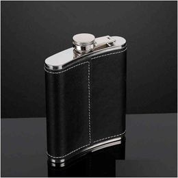 Hip Flasks 7Oz 8Oz Portable Pocket Stainless Steel Flask Flagon Whiskey Wine Pot Pu Leather Er Alcohol Bottle Travel Tour Drinkware Dhvp5