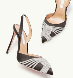Verão feminino de luxo Celeste Sapatos Aquazzuras embelezadas de cristal tiras de dedos de dedos notados Lady High Heels EU35-43 Caixa original