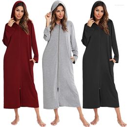 Women's Sleepwear Autumn Women's Zipper Front Robe Coat With Pockets Modal Bathrobe Hooded Solid Long Sleeve Night Wear Women Gown 2022