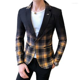 Men's Suits Men Plaid Blazer 2022 Spring Fashion Contrast Color Grid Pattern Suit Jakect Splicing Slim Casual Male Dress Coat