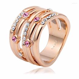 Wedding Rings Rose Gold Colour Vine Full Multi Crystals Wide Cocktail For Women Girls Anillos Bague Anel Feminino Aneis Finger Jewellery