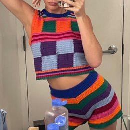 Women's Tracksuits 2 Piece Knitted Shorts Set Women Plaid Vest With Elastic Waist Stripes Summer Outfit Vintage Steetwear Fashion Co-ord