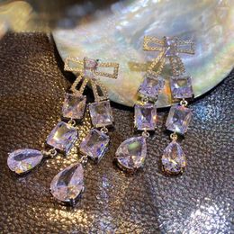 Stud Earrings Luxurious Simple Hollow Bow Knot Square Diamond Water Drop Pendant Tassel For Women Long Dress Wedding Accessories