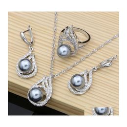 Earrings Necklace Grey Pearl Bridal Jewellery Sets Drop With Cz Stone 925 Sier Women Ring Set Delivery Dhpon