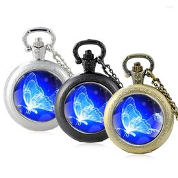 Pocket Watches Classic Charm Blue Butterfly Design Glass Cabochon Quartz Watch Vintage Men Women Pendant Necklace Chain Clock Gifts