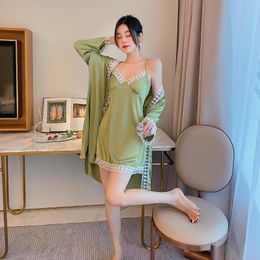 Women's Sleepwear Green Satin 2PCS Robe Gown Sets Ladies Sweet Lace Home Dress Sexy V-Neck Mini Nightgown Spring Summer Casual