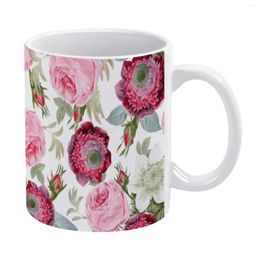 Mugs Vintage Botanical Roses White Mug 11oz Funny Ceramic Coffee Tea Milk Cups Floral Pink Flower Country Chic