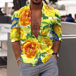 Men's Casual Shirts Autumn Fashion Men Oversized Yellow Big Floral Print Long Sleeve Tops Men's Clothing Club Cardigan Blouses