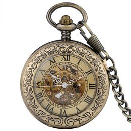 Bronze Vintage Pocket Watch Roman Numerals Skeleton Automatic Mechanical Watches Men Women Self-winding Clock FOB Pendant Chain325t