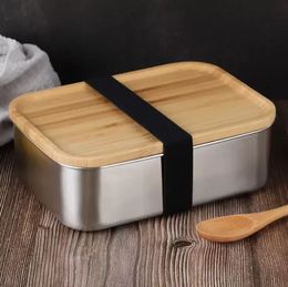 800ml Food Container Lunch Box with Bamboo Lid Stainless Steel Bento Box Wooden Top 1 layer Food Kitchen Container Easy for Take ss1223