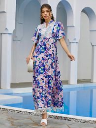 Ethnic Clothing Maxi Dress For Women Elegant Stand Collar Floral Short Sleeve Tassel Patchwork Clothes Sukienka 2022 Summer Blue