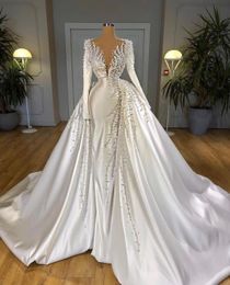 Exquisite Ball Gown Wedding Dresses Appliques Deep V Neck Long Sleeves Sequins Beads Satin Pearls Ruffles Detachable Train Floor Length Bridal Gowns Plus Size