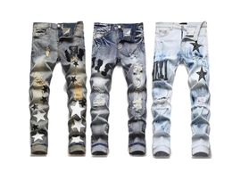 Мужские джинсы буква звезда Hoel Designer Loose Emelcodery Patchwork, разорванные для бренда бренда мотоциклевые брюки мужская одежда скинни