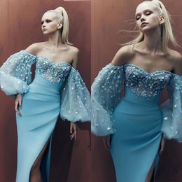 Glamorous Prom Dresses Mermaid Sweetheart Off the Shoulder Soft Satin Tulle Sleeves with Floral-Applicants Split Zipper Court Gown Formal Gowns Party Wear