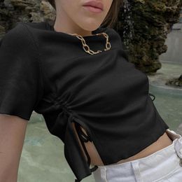 Women's T Shirts 2022 Ladies Summer Sexy Short Tops Women Street Trendy Thread Split Drawstring Black Sleeve Shorts