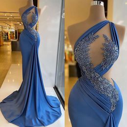 Glamorous Prom Dresses Mermaid One Shoulder Art Deco-inspired Neck Cutaway Sides Shining Flower Beaded Backless Zipper Court Gown Formal Gowns Party Wear
