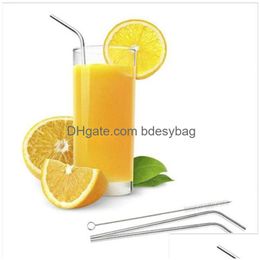 Drinking Straws Metal Reusable St 304 Stainless Steel Straight Bent Sts With Cleaning Brush For Coffee Tea Fruit Juice Drop Delivery Dhov8