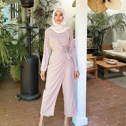 Ethnic Clothing 2022 Casual Solid Colour V-neck Stitching One-piece Back Zipper Wide-leg Pants Dubai Muslim Ladies Suit Without Turban