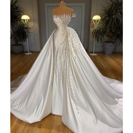 Luxury Mermaid Wedding Dresses Sleeveless Strapless Lace Appliqued Pearls Beaded Sweep Detachable Train Boho Wedding Dress Bridal Gowns Sleeves abiti da sposa