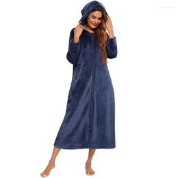 Women's Sleepwear 2022 Winter Flannel Women's Front Zipper Robe Coat With Pocket Warm Bathrobe Hooded Solid Long Sleeve Gown Night Wear