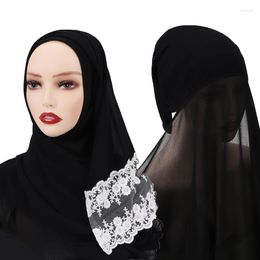 Ethnic Clothing 2022 Women Muslim Lace Solid Colour Jersey Hijabs Hooded Long Chiffon Islamic Shawl Head Scarf Underscarf Cap