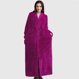 Women's Sleepwear Loose Women's Bathrobe Flannel Long Sleeve Pockets Ladies Casual Homewear Fluffy Zipper Winter Warm Robes For Female