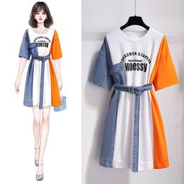 Casual Dresses Fashion Irregular Stitching Denim Dress Skirt 2022 Summer Women's T-shirt Letter Street Wear