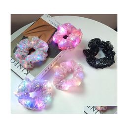 Hair Rubber Bands Sequin Gauze Luminous Large Intestine Circle Net Red Personality Fashion Colour Rope Led Flash P Ography Bouncing D Dhjfk