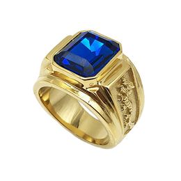 Fashion Retro Gold Dragon Tótem Anillos de acero inoxidable para hombres Anillos de diamantes de imitación azul de tamaño 7 8 9 10 11 12