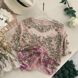 Women's T Shirts 2022 Vintage Elegant Beading Sequins Mesh Top Bling Perspective Short Sleeve Shirt Women Modis Tee Femme Tshirt