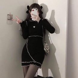 Casual Dresses Robe Japanese Sweet Girls Slim A Line Wild High Waist Mini Black Knitted Dress Bodycon Vestidos Sweater Sleeve