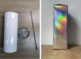 sublimation straight tumbler with Holographic box 20oz skinny tumblers 304 Stainless Steel cup plus straw Unique packaging set