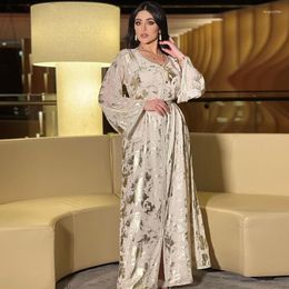 Ethnic Clothing High Quality Dubai Golden Abaya Ladies Elegant Party Banquet Maxi Dress Gowns Muslim Women's Kaftan Loose Robe With Belt